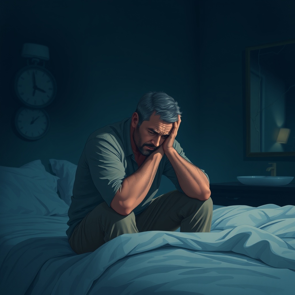 A realistic, cinematic-style digital illustration of a man in his mid-40s, sitting on the edge of his bed at night. He looks tired, holding his head in his hands, with a faint bathroom light glowing in the background (hinting at frequent trips during the night). His expression shows exhaustion and quiet frustration. The atmosphere should be moody and relatable, with cool, dim lighting symbolizing lost sleep. Subtle symbolic overlays in the background — such as a faded clock face (lost sleep), a shadowy bedroom scene (low drive), and a cracked mirror reflection (confidence fading) — suggest the deeper struggles men face after 40.